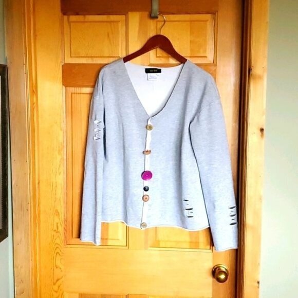 Bala Bala Distressed Grey Raw Edges Unique Vneck with Accent Buttons Sweatshirt - Picture 1 of 9